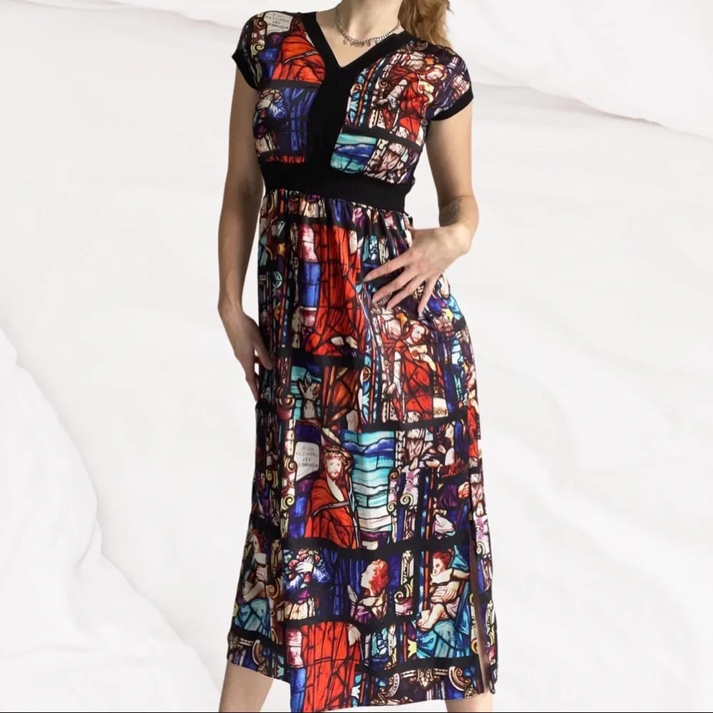 Divine PURUIDI Italian designer maxi dress with stained glass biblical print - Picture 3 of 10